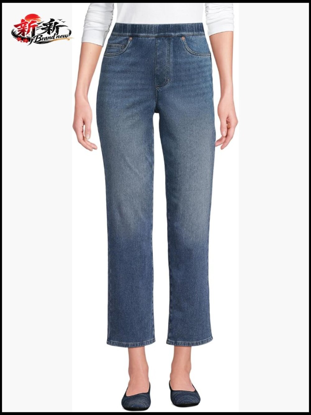 High Rise Knit Denim Straight Crop Jeans With Pockets